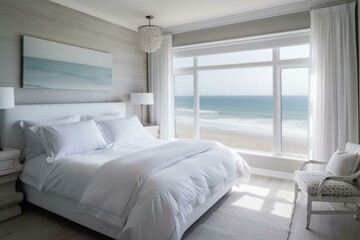 Stunning ocean-view bedroom featuring a pristine white bed. Generative AI