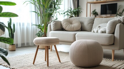 Vintage beige armchair and ottoman on the comfortable rug in modern living space with gray couch and antique furnishings. - obrazy, fototapety, plakaty