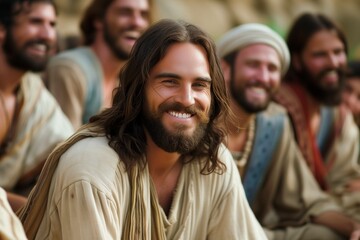 A smiling Jesus Christ among his followers of the apostles - obrazy, fototapety, plakaty