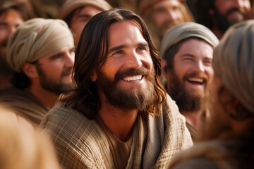 A smiling Jesus Christ among his followers of the apostles