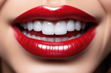 lips with red lipstick,White Beautiful Teeth, Dentistry and Oral Hygiene with Woman on Neutral Background, Teeth Whitening. Dental Services, Healthcare & Veneers Women, Happy Smile