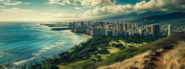 Aerial view of Honolulu cityscape and coast.
