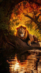 African Majesty: Spectacular Synthesis of Lion, Elephants, and Sunset in the Wild