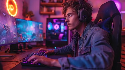 A professional gamer plays online video games on his powerful personal computer. The room and PC are equipped with colorful neon LED lights.