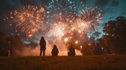 Fototapeta na wymiar Silhouettes of people watching fireworks explode at night