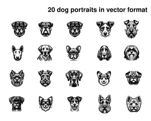 Set of 20 dog portrait icons in vector format