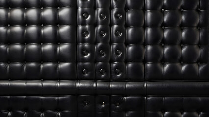 Fototapeta premium A horizontal elegant black leather texture adorned with buttons, creating a sophisticated and luxurious pattern suitable for a wallpaper in an ultra theme.