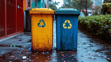 Obraz premium Recycling receptacles at a waste center for recycling and disposing of waste.