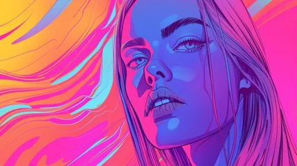 Rolgordijnen Hyperintense Colorblast Woman Face Background - Supermodel Girl Neon Overload Face with Vibrant and Swirling Energy Vitality Lines Representing the Landscape created with Generative AI Technology © Sentoriak