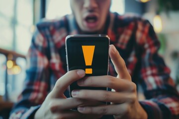 Shocked Man with Smartphone Showing Warning Sign. Surprised man on a city street holding a smartphone displaying an orange exclamation point, suggesting alarming news or alert.

 - obrazy, fototapety, plakaty