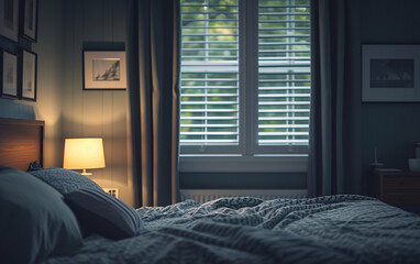 A photograph capturing a bed placed next to a window in a bedroom.