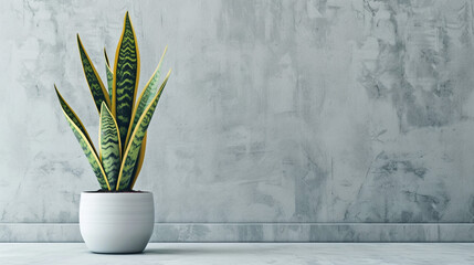 a Snake plant in a modern white ceramic pot or vase in front of the gray wall background with natural sunlight. minimalist interior houseplant. Copy space. Sansevieria plant. 