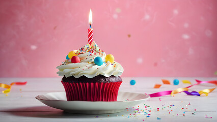 An image of a delicious birthday cupcake placed on a table against a light-colored background, creating a delightful and celebratory atmosphere suitable for an ultra theme wallpaper.