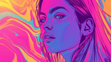 Tuinposter Hyperintense Colorblast Woman Face Background - Supermodel Girl Neon Overload Face with Vibrant and Swirling Energy Vitality Lines Representing the Landscape created with Generative AI Technology © Sentoriak