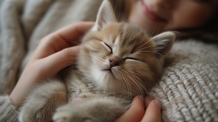 Happy kitten being caressed by a woman. British Shorthair