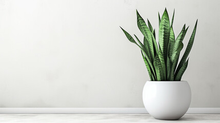 A snake plant in a modern white ceramic pot or vase in front of the white or gray wall background with natural sun light. minimalist interior houseplant. Copy space. Sansevieria plant.  - obrazy, fototapety, plakaty
