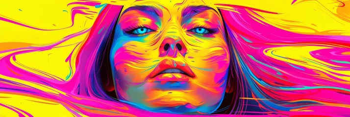 Schilderijen op glas Hyperintense Colorblast Woman Face Background - Supermodel Girl Neon Overload Face with Vibrant and Swirling Energy Vitality Lines Representing the Landscape created with Generative AI Technology © Sentoriak