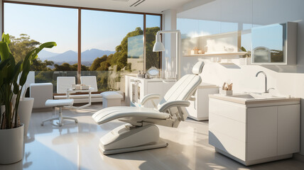 White Dental Clinic Interior: Empty Chair and State-of-the-Art Equipment.