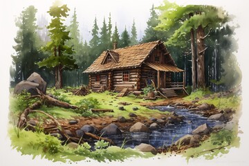 a log cabin in the woods