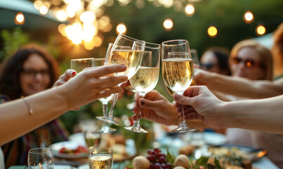 People cheers, making toasts with wine and champagne glasses at a party celebration with friends enjoy a warm summer evening - obrazy, fototapety, plakaty