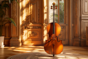 Violoncello at empty cozy room. Cello at home or house for party music performance.