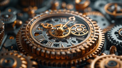 a close up of a clock surrounded by gears