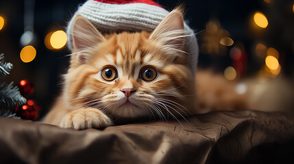 Cute red cat in a hat on a New Year's background. Selective focus. Holiday concept of joy and happiness.