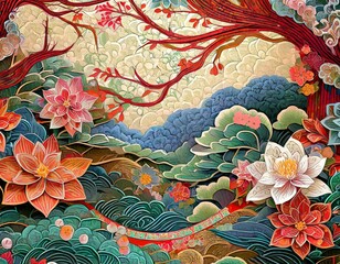 Festive Chinese and Japanese background, red background with gold and red flowers