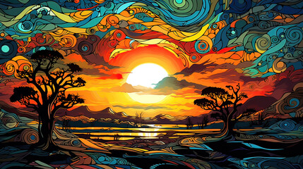 A big and vibrant sunset, bold colors, intricate patterns, and a sense of awe and admiration background Ai Generative