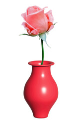 Obraz premium Beautiful red one rose in vase. Valentines congratulations. Fresh gift rose on a stem in a vase illustration, the object is isolated on white. Photoshop.