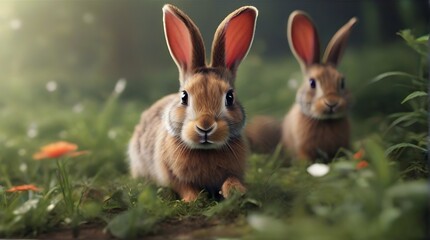 Two cute rabbits in the meadow with flowers. Easter concept.