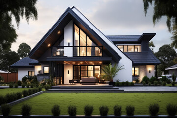 house, minimalist design, modern, luxurious, pointed roof, tiled roof, yard in front of the house