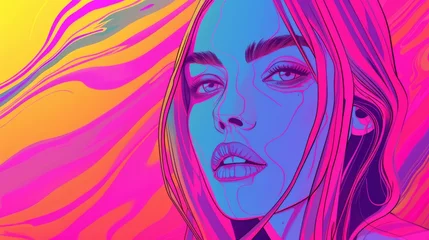 Gordijnen Hyperintense Colorblast Woman Face Background - Supermodel Girl Neon Overload Face with Vibrant and Swirling Energy Vitality Lines Representing the Landscape created with Generative AI Technology © Sentoriak