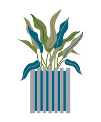 Houseplant with long leaves in floor pot in cool green and blue colors. Modern trendy retro concept for living room design or poster. Indoor plant concept of domestic greenery. Icon for home interior