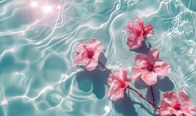 Water background. Pink aqua texture, surface of ripples, transparent, flower, shadows and sunlight. Spa and cosmetic concept background. Flat lay, top view, copy space