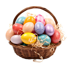 Colorful Easter eggs in a basket on a transparent background