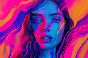 Hyperintense Colorblast Woman Face Background - Supermodel Girl Neon Overload Face with Vibrant and Swirling Energy Vitality Lines Representing the Landscape created with Generative AI Technology