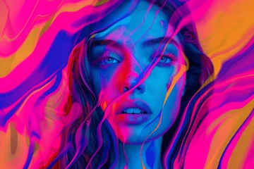Raamstickers Hyperintense Colorblast Woman Face Background - Supermodel Girl Neon Overload Face with Vibrant and Swirling Energy Vitality Lines Representing the Landscape created with Generative AI Technology © Sentoriak