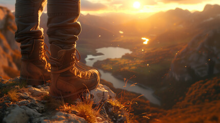 As seen through the eyes of the hiker, sturdy boots traverse the challenging terrain of the mountain trail, while the radiant warmth of the setting sun paint the horizon with a captivating golden hue.