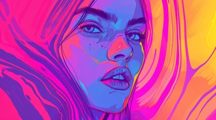 Rolgordijnen Hyperintense Colorblast Woman Face Background - Supermodel Girl Neon Overload Face with Vibrant and Swirling Energy Vitality Lines Representing the Landscape created with Generative AI Technology © Sentoriak