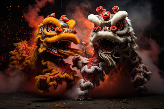 
dragon and lion dance show in chinese new year festival