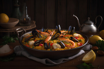 seafood paella in a pan made by midjourney