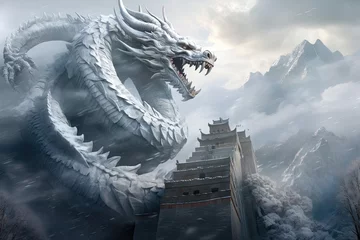 Poster Great Wall in China in ice age with flying dragon, ice and snow © Kitta