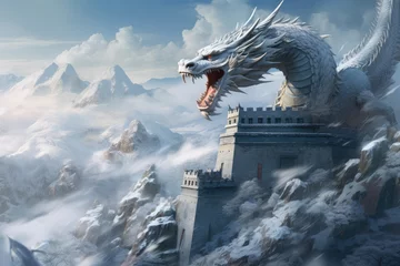 Papier Peint photo Lavable Mur chinois Great Wall in China in ice age with flying dragon, ice and snow