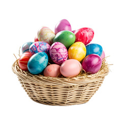 Fototapeta na wymiar Colorful Easter eggs in a basket on a transparent background
