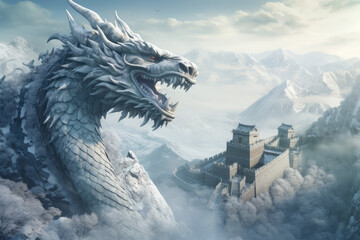Great Wall in China in ice age with flying dragon, ice and snow