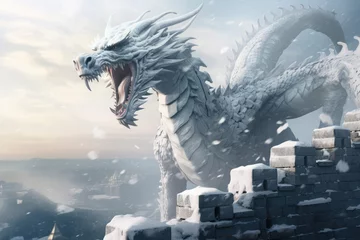 Rolgordijnen Great Wall in China in ice age with flying dragon, ice and snow © Kitta