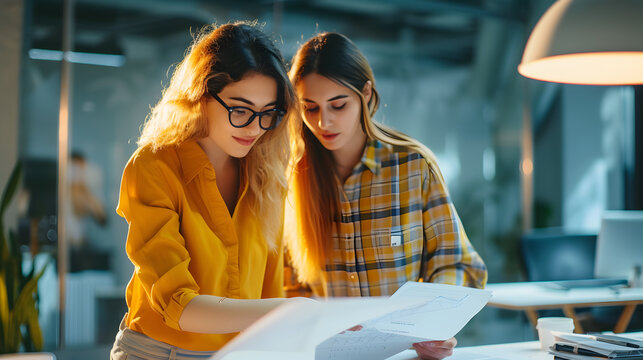 Two creative Caucasian girls working together for artful designs