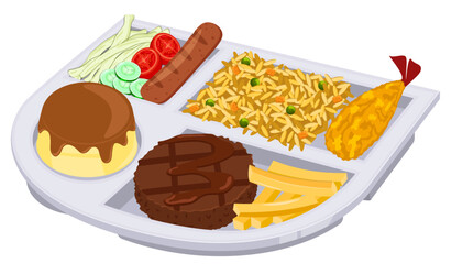 Japanese School Lunch Tray with Hamburger Steak, Fries, Vegetable Rice, Fried Shrimp, Sausage, Veggies, and Pudding