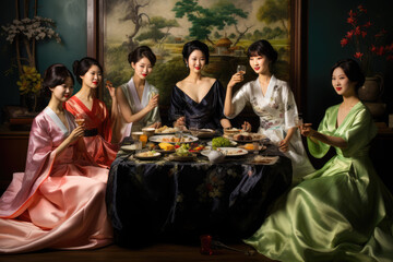 Fototapeta premium group of korean women party at home